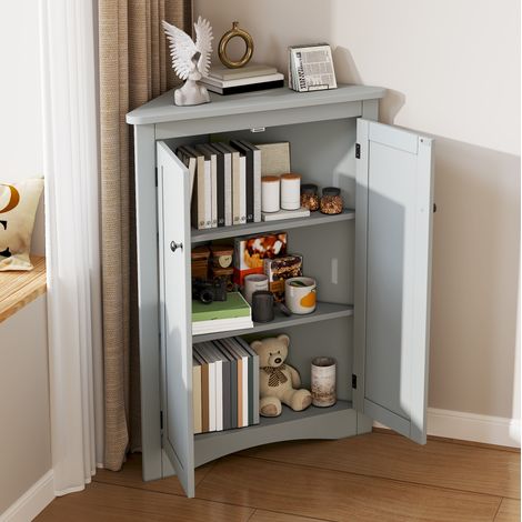 Mueble esquinero de baño gris, 2 puertas, 3 niveles, MDF pintado, 61,5 x 80 cm DESVIAE (1/5)