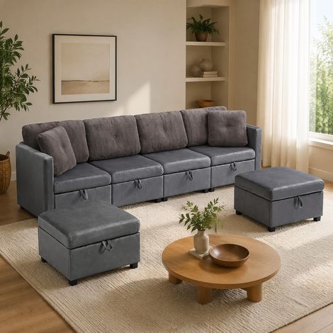 Sofá modular con almacenaje 6 plazas gris OKMYHOME (1/5)