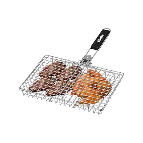 Cesta de barbacoa robusta en acero inoxidable para camping - Parrilla plegable portátil con asa extraíble - Malla antiadherente para pescado, verduras y camarones (1/4)