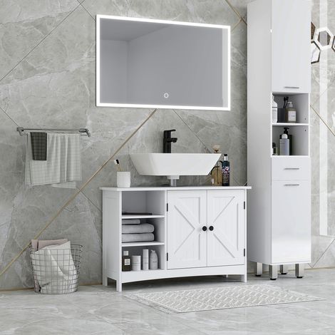 Meuble de toilette au sol - 90x30x60cm - meuble de salle de bain style campagne à 2 portes avec 3 étagères ouvertes en bois - blanc