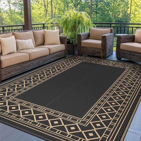 Tapis Extérieur Imperméable, Tapis de Camping Lavable pour Jardin, Terrasse, Balcon, Tapis Réversible Résistant aux UV pour Pique-Nique,180x275cm, Noir Brun (1/5)