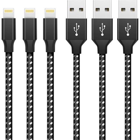 Lot de 3 câbles de charge pour iPhone de 1 m (3 pi) en nylon tressé, pour une charge et une synchronisation rapides (noir). (1/3)