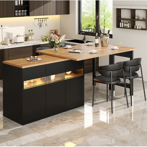 Table de bar extensible avec LED, 120–180 cm, pivotante à 360°, rangements, noir/naturel HAVRYA (1/5)