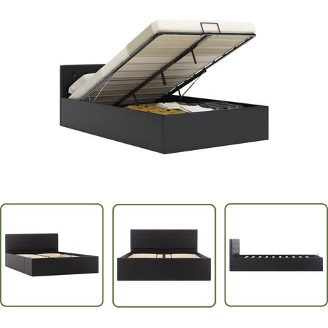 The Living Store Cadre de lit à rangement hydraulique Noir Similicuir 120x200 cm - Lit Double - Cadre De Lit - Lit Hydraulique - Lit Avec Rangement - Similicuir (1/5)