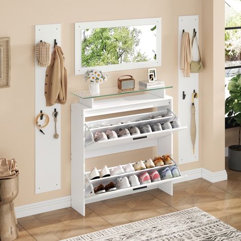 Mobile da ingresso portascarpe 4 pezzi con specchio, 8 ganci, ripiani in vetro, bianco OKMYHOME (1/5)