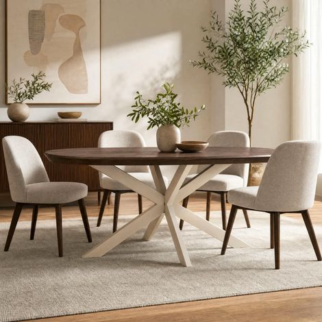 Table à manger bois brun pied blanc 160 cm CORTINA (1/5)