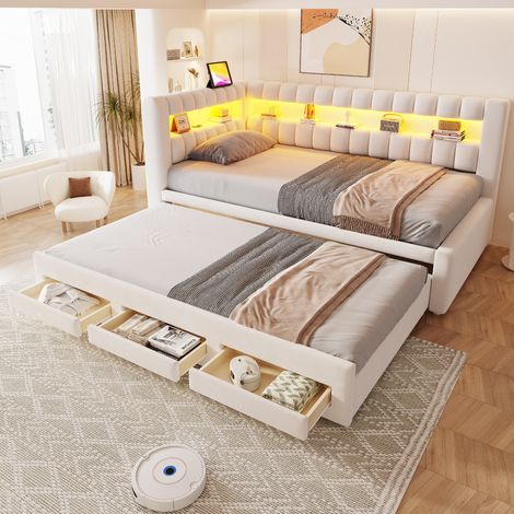 Lit banquette enfant 90x200 cm - extensible - tiroirs - rangement intégré - port USB - éclairage LED - velours - Beige (1/4)