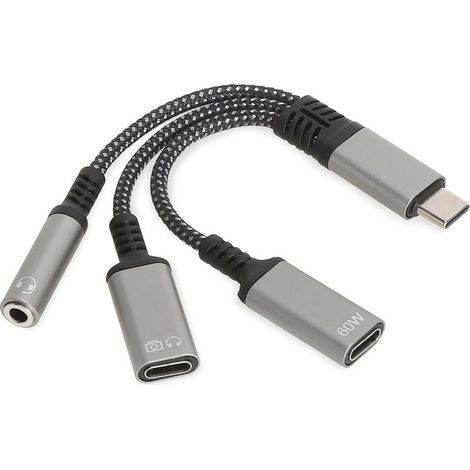 Adaptateur USB C jack 3 en 1 – adaptateur casque USB C avec adaptateur USB C vers jack, audio et charge rapide PD 60W, charger et écouter en même temps pour smartphone, tablette, ordinateur portable (1/5)