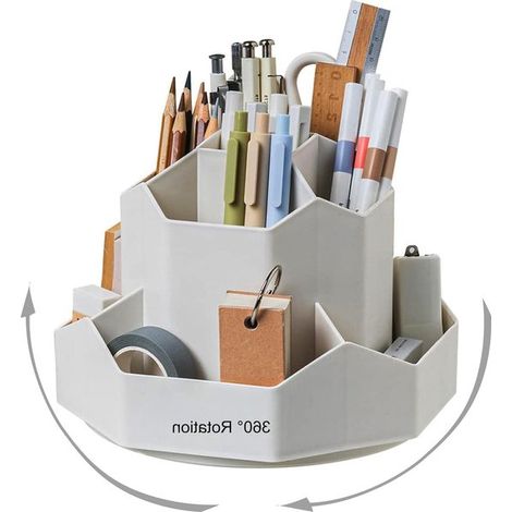 Portalápices giratorio 360°, organizador de escritorio con 9 compartimentos, material escolar, brocha de maquillaje (1/5)