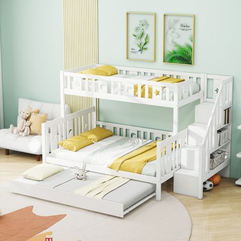 Lit superposé enfant 90/140x200 cm + lit gigogne 90x190 cm - en bois massif - avec escalier de rangement - Blanc (1/5)