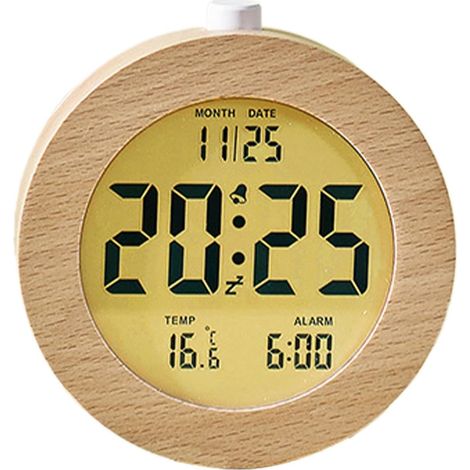 Réveil en bois Petit réveil de bureau LCD Réveil en bois à piles avec fonction veilleuse et lampe de sommeil (1/5)