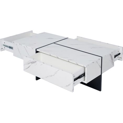 Mesa de centro de alto brillo con 3 cajones, efecto mármol blanco y LED por app, 100x50x34,5 cm (1/5)