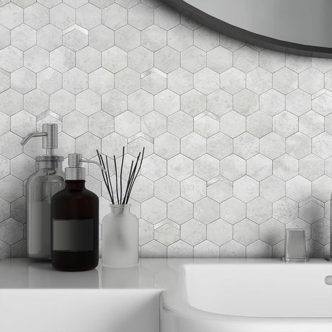 Lot de 10 carreaux de dosseret à décoller et à coller - Carreaux de dosseret pour cuisine - Panneaux muraux hexagonaux en marbre (gris ciment, 10 pièces) (1/5)