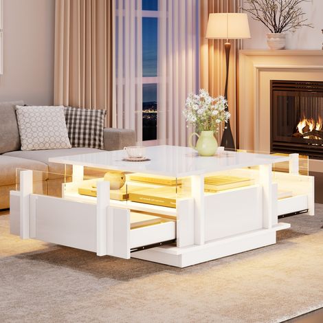 Table basse laquée brillante blanche 70x70x35 cm, 2 tiroirs, LED et séparateur acrylique transparent, meuble salon pour petits espaces - Blanc (1/5)