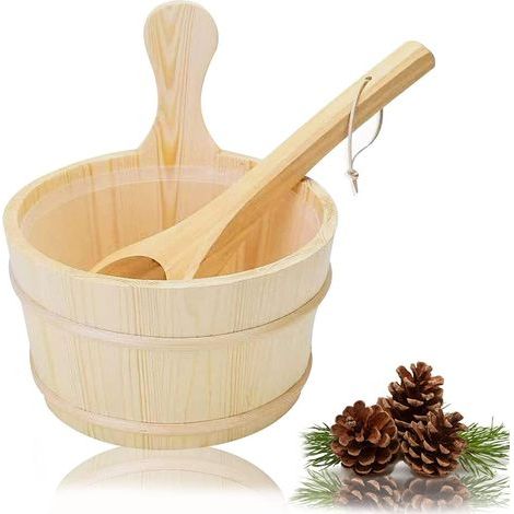 Seau à Sauna, 4L Ensemble Complet Sauna Seau Sauna Louche Bois pin Finlandais Haute Qualité Accessoires Sauna Seau sauna Seau à Infusion Accessoire Plastique (Seau Sauna+Louche+Accessoire Plastique) (1/5)