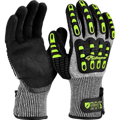 Level 5 Gants de travail résistants aux coupures avec revêtement en sable nitrile avec protection contre les chocs en TPR, jaunes, antidérapants, anti-vibrations, avec écran tactile, taille (1/5)