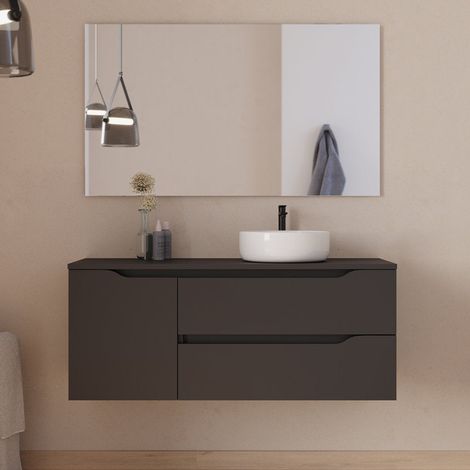 Meuble de salle de bain 120cm avec plateau, vasque à poser déportée à droite Ares et miroir - 2 tiroirs et un placard - noir - ZARZA