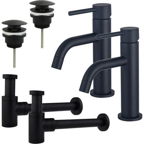 FugaFlow Eccelente Sobrado Slim Kit robinet lavabo - pour double vasque - robinet bas - bonde clic clac - siphon design bas - Noir mat (1/4)