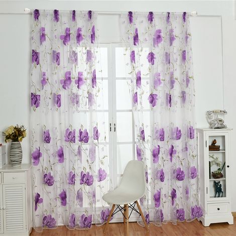 Voilage ancien brodé violet, panneaux de fenêtre transparents en tulle, rideau vintage décoratif. (1/5)