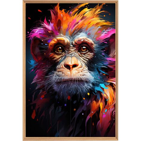 Tableau mural encadré singe vibrant 65x97 cm - Tableau Mural Décoratif - Image Encadrée Imprimée en HD - Impression 65x97 cm sur Fibres de Bois FSC - Finition Mate - Fabriqué en France (1/5)