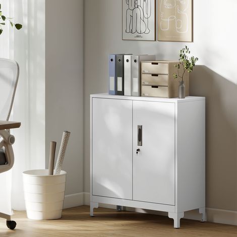 Blanche - Armoire à documents métallique verrouillable, 2 portes et 2 étagères, meuble pour bureau d’étude et garage 80x35x91 cm