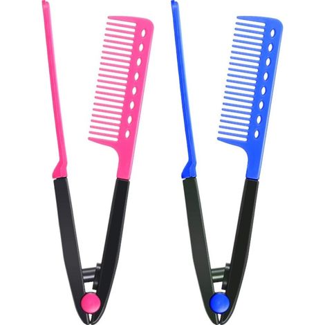 2 Peigne lisseur, 24,5 cm, ABS, forme en V, démêlage, rose et bleu (1/5)
