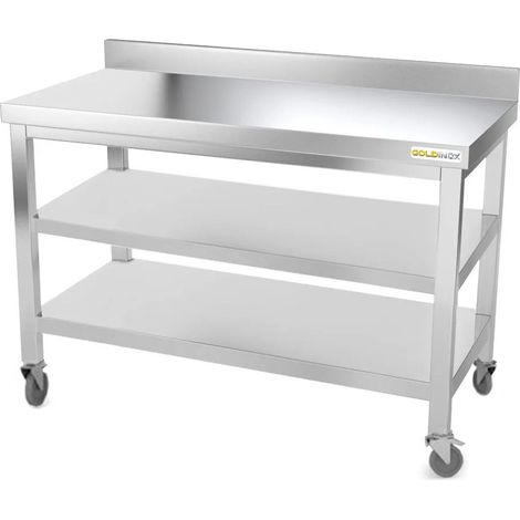 Table de travail en inox 1600 x 700 mm adossée avec 2 étagères sur roulettes PREMIUM - GOLDINOX (1/4)