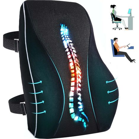 Cuscino lombare ergonomico e reversibile in memory foam ad alta densità, con doppie cinghie regolabili e rivestimento sfoderabile.