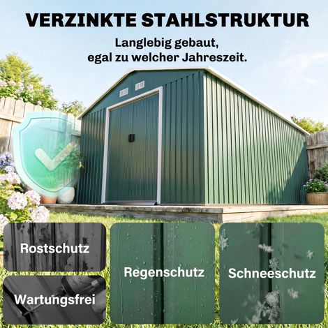 Abri de jardin résistant aux intempéries, pour outils de jardin, avec fenêtres d'aération, portes coulissantes, acier vert foncé (1/5)