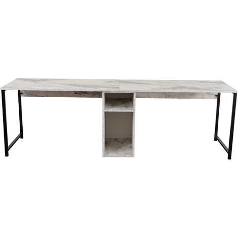 Double bureau avec 2 étagères en bois "Twin" - 240 x 60 x 74 cm - Blanc marbré