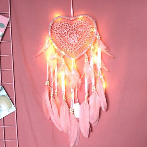 Attrape-rêves en plumes rose vif, cœur artisanal avec guirlande LED, fait main, décoration murale lumineuse, taille compacte, idéal cadeau (1/5)