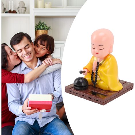 Ornement Petit Bonhomme de Bouddha Énergie Solaire avec Mouvement Automatique pour Bureau Maison Voiture - Modèle Jaune, Plastique Résistant 162g / 9cm (1/5)
