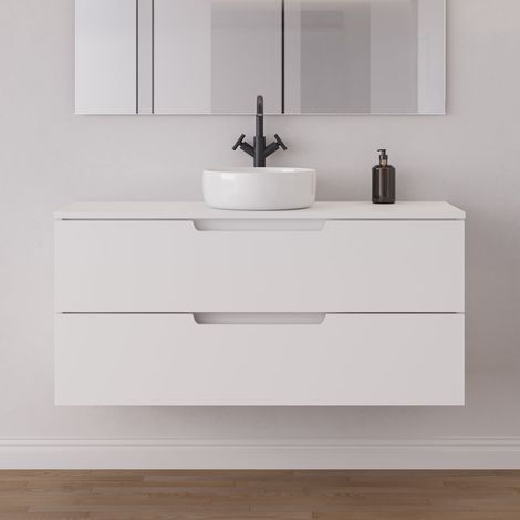 Meuble de salle de bain 120cm avec plateau et vasque à poser ronde - 2 tiroirs - sans miroir - blanc mat - SONRIZA (1/5)
