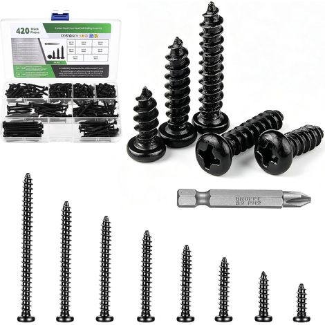 Lot de 420 vis autotaraudeuses en métal, M3 - Vis à bois autoperceuses à tête ronde en croix pour réparation de métal, plastique, bois (noir) (1/5)