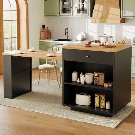 Îlot central de cuisine extensible avec LED RGB 122,5-195,5x59x93,5cm,4 tiroirs,meuble bar avec vitrine,MDF,métal et verre,noir (1/5)