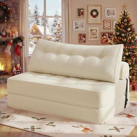 Canapé-lit convertible 3-en-1 en velours côtelé, fauteuil pliable, couchage 130cm, beige (1/5)