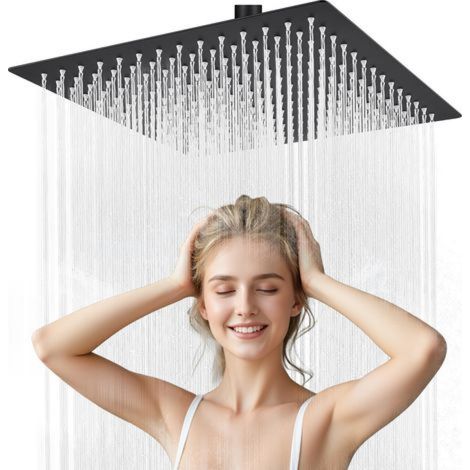 Pommeau de douche noir effet pluie (20 x 20 cm), carré en acier inoxydable, peut être installé au plafond ou au mur. (1/4)