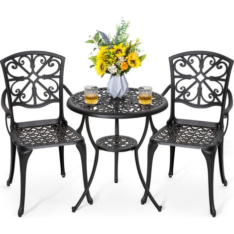 Avestar Ensemble Bistro 3 Pièces, Salon de Jardin 2 Personnes, Ensemble Table Chaise Jardin en Aluminium, Pétale, Noir