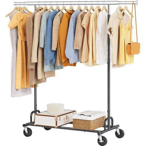 Portant à vêtements pour charges lourdes, jusqu'à 159 kg, sur roulettes, avec barre extensible, pliable avec étagère au sol pour une utilisation commerciale, noir (1/5)