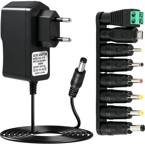 5V 3A Chargeur Adaptateur, AC 230V 220V vers DC 5V 3000mA avec 5,5mm x 2,1mm avec 8 Connecteurs Alimentation Universel Adaptateur Secteur pour Caméra Tablette Scanner TV Box LED CCTV Disque
