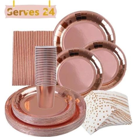 146 pièces Kit vaisselle jetable or rose, assiettes dîner résistantes, tasses et serviettes en papier, pailles décoratives, pour anniversaires, mariages et baby showers