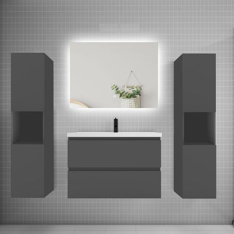 Ensemble meuble anthracite et vasque L.80cm 2 tiroirs + colonne2 haut + lavabo + miroir 80x60cm-suspendu