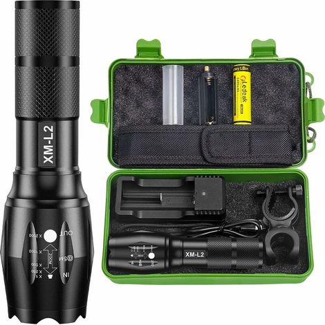 Lampe Torche LED Ultra Puissante, 2000 Lumens Tactique Militaire Lampe de Poche, Étanche IP65 Zoomable 5 Modes Eclairage avec 18650 Batterie pour Le Camping, La Randonnée, D'urgence (1/5)