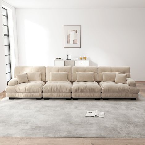 Canapé d’angle modulable 4 places, assise profonde, tissu chenille, convertible confortable, brun clair (1/5)