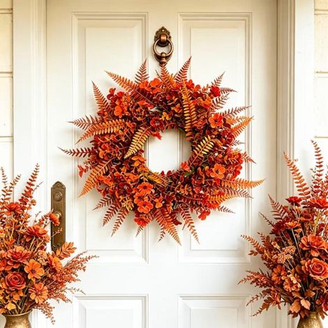 Artificial Autumn Wreath with Fern, Eucalyptus and Autumn Flowers, Front Door Wreath for Indoor and Covered Outdoor Decoration 1 Pack (1/5)