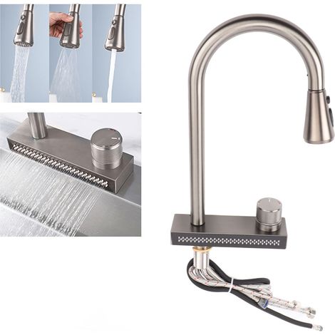 Grifo de cocina multifuncional, de acero inoxidable con rociador tipo cascada, dos salidas G1/2, con sistema extraíble. (1/5)