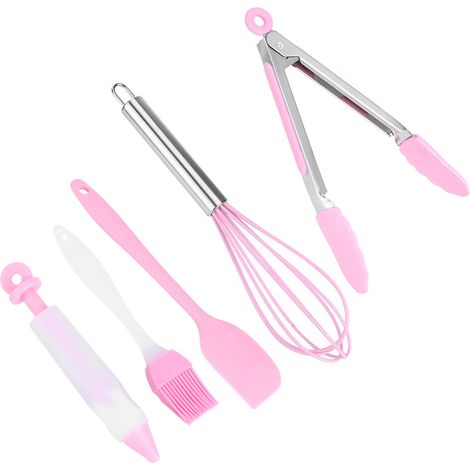 5-teiliges Set Küchenhelfer aus Silikon: Schaber, Schneebesen, Dekorierstift, Ölpinsel, Lebensmittelclip (1/5)
