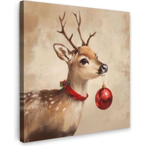 TABLEAU SUR TOILE Noël - Cerf - Bois - Boule de Noël - Renne Tableau Chambre Adulte 90x90 cm