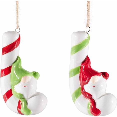 Decorazioni addobbi di Natale in ceramica candy / bastoncino di zucchero con gnometto da appendere, set da 8 pezzi, cm 4 x 2,5 x 7 H