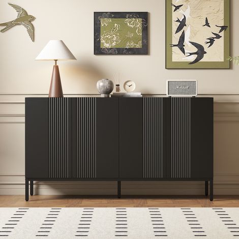 Sideboard MDF schwarz, 4-türig, grifflose Front, mit 2 verstellbaren Einlegeböden und Metallgestell (1/5)